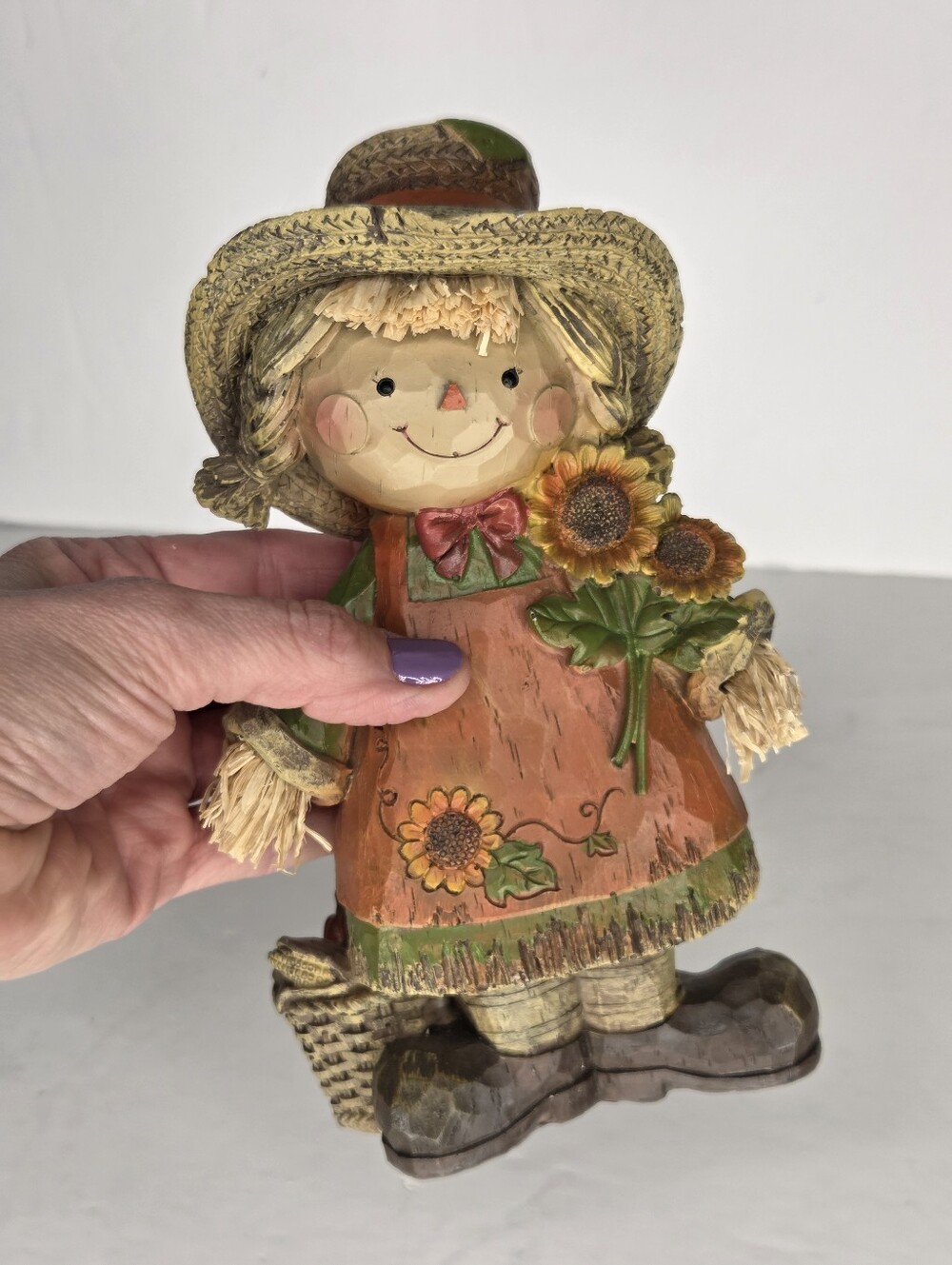Harvest Scarecrow Girl Woodlike Figurine Thanksgiving Autumn Table Decor - Picture 6 of 8